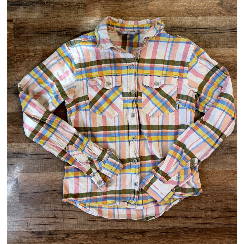 Stio LS Flannel Shirt Multicolor Pink Blue White Plaid Organic Cotton Gorpcore